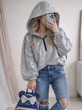 NUX Iridescent Silver Half-Zip Hooded Bomber Jacket